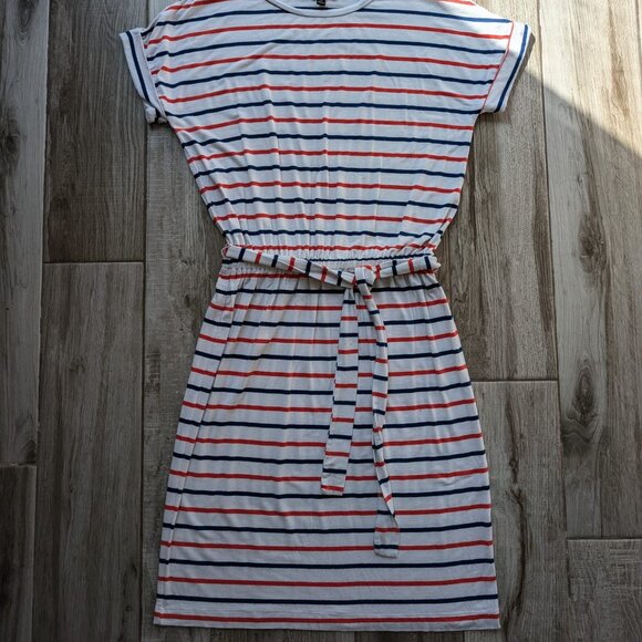 Banana Republic Striped Casual Dress XS White Red Navy Belted Waist Short Sleeve - Picture 1 of 5